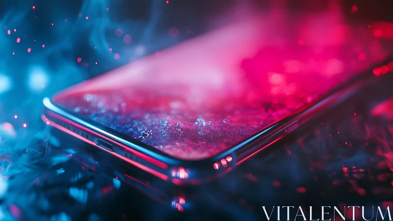 Edge-lit smartphone in bokeh-rich neon vapor with shallow depth
