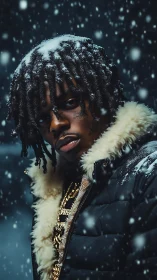 Man in winter coat and chains under falling snow at night.
