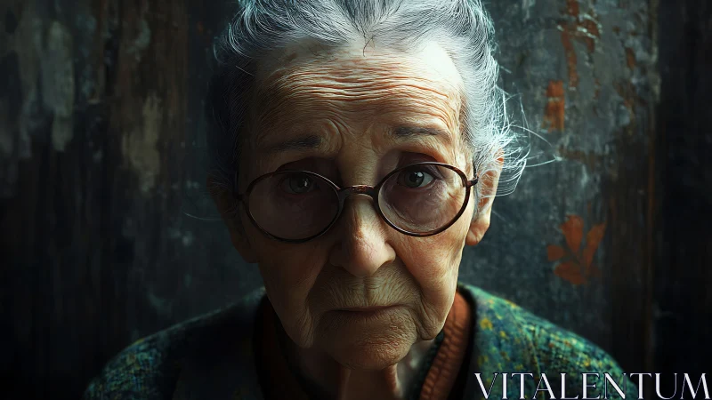 Elderly woman portrait under soft chiaroscuro lighting focus.