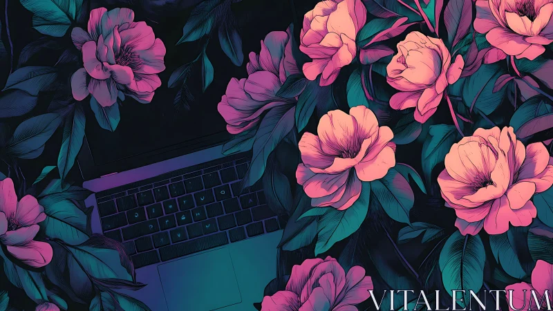 Neon peonies spill over a midnight laptop garden dreamscape.
