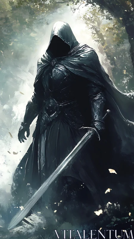 Hooded dark knight with greatsword in misted forest gloom.