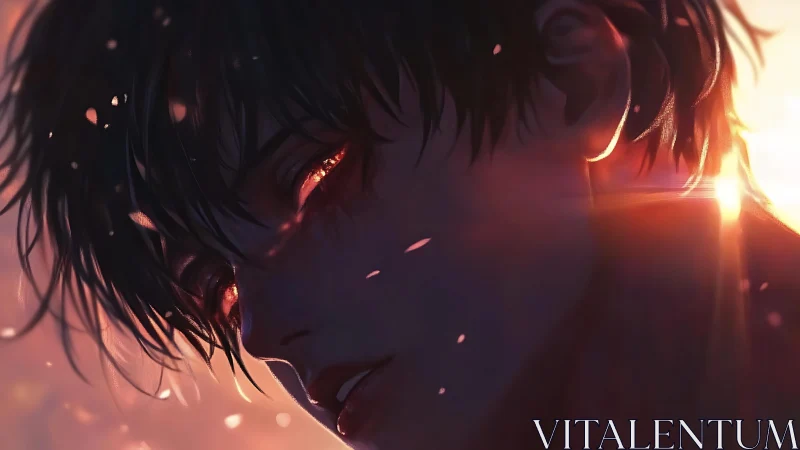 Backlit portrait isolates ember-like eyes with high contrast glow