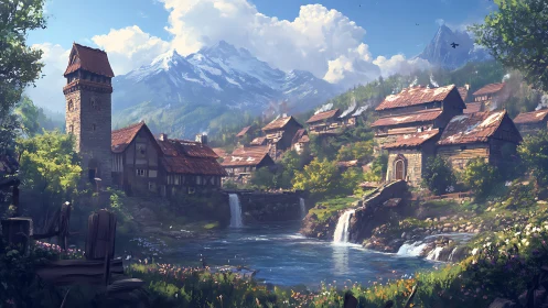 Hydraulic alpine village landscape with cascading stream system.
