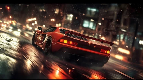 Low-angle red supercar drifts through wet neon city streets at night