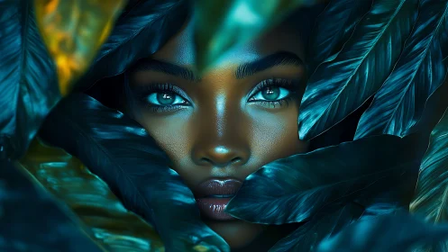 Female digital portrait framed by dense teal foliage.