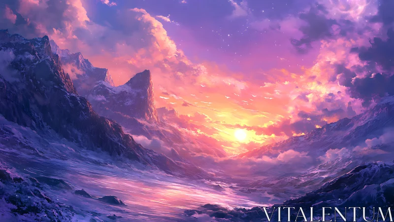 Frozen valley sunset under vivid purple and orange sky.