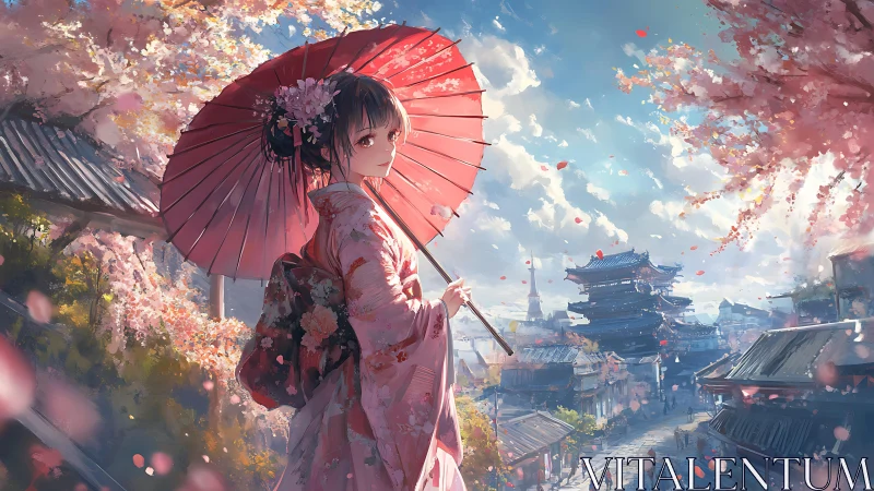Anime sakura street scene with parasol and layered depth composition.