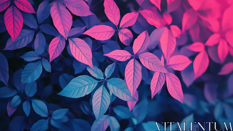 Neon pink and blue leaves glow in an abstract twilight forest