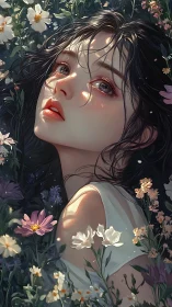 High-detail floral portrait of young woman in dappled light