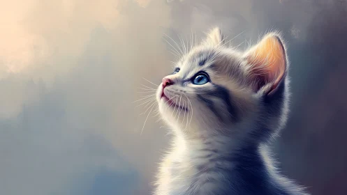 White kitten gazing upward with luminous blue eyes and peachy ears