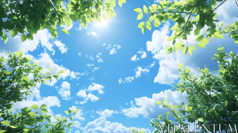Sunlit canopy framing vivid blue summer sky.