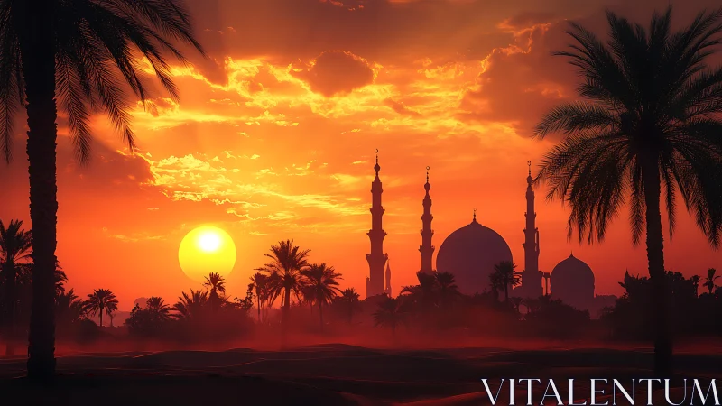 Desert mosque silhouette under intense orange sunset sky