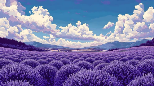 Lavender fields roll toward distant mountains under glowing clouds.