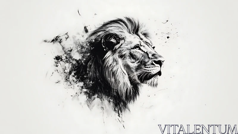 Monochrome splatter-rendered lion portrait in ink style.