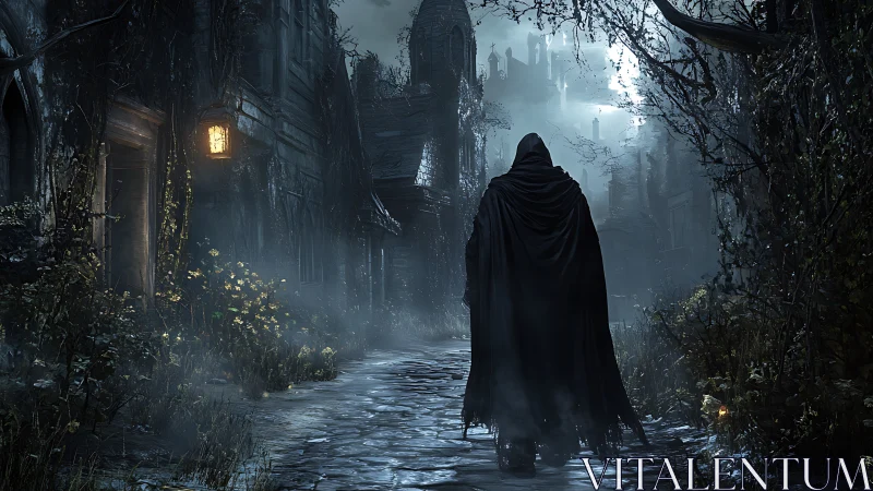 Cloaked wanderer haunts a mist-soaked gothic alleyway night.