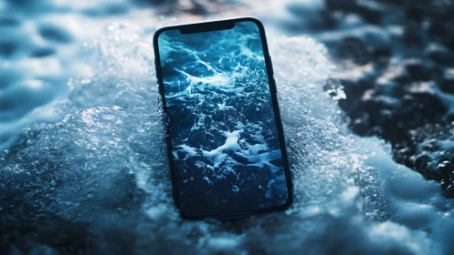 Smartphone screen reflects crashing ocean waves in surf.