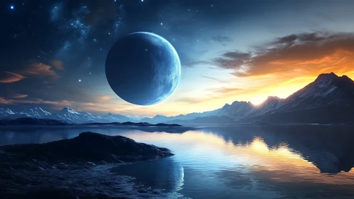Twin dawns welcome a serene alien ocean under rising moon