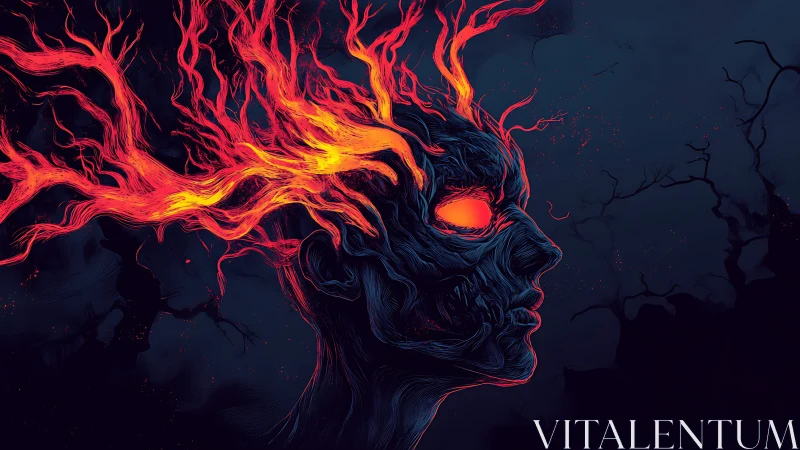 Flaming spectral portrait ignites the darkness with molten light