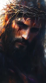 Solemn crowned figure bathed in shadowed, tender light.