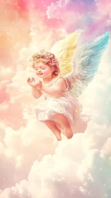 Cherubic child angel drifting in luminous pastel clouds.
