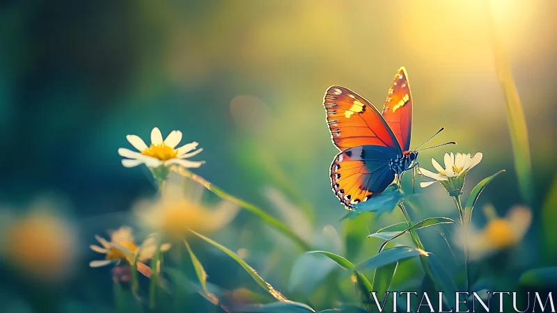 Vibrant orange butterfly on daisies in golden backlight.