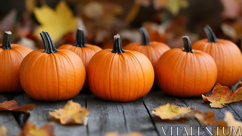 Mini pumpkins form neat autumn row on weathered wood