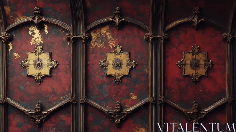 Ornate red wall panels show three gilded decorative emblems