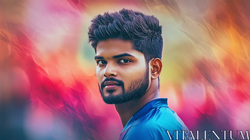 Digital portrait study with neon gradient bokeh field background.