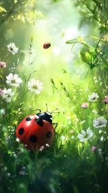 Ladybug rests in glowing spring meadow, vivid greens bloom.