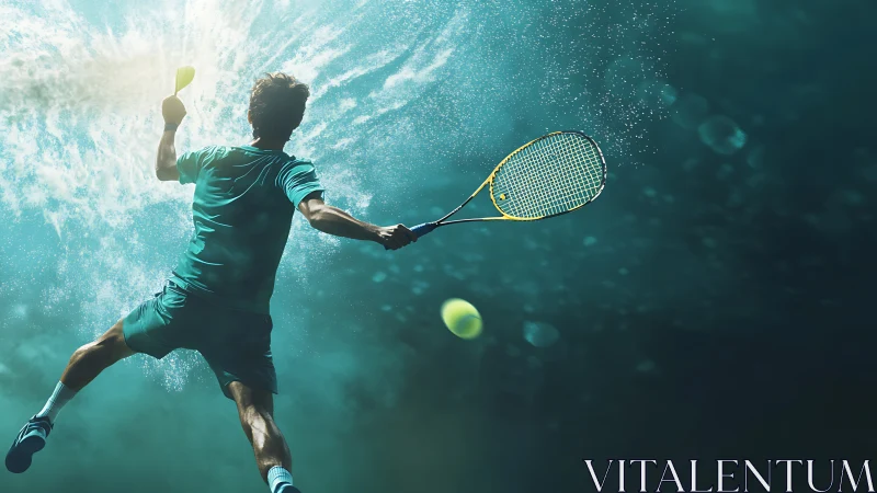 Explosive underwater tennis serve with dynamic splash effects.