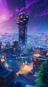 Starlit futuristic tower rises warmly over a glowing city