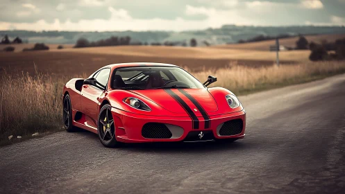Scarlet sports car resting on a quiet open country road.
