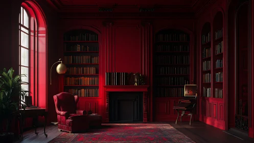 Velvet red reading room wrapped in books and quiet light.