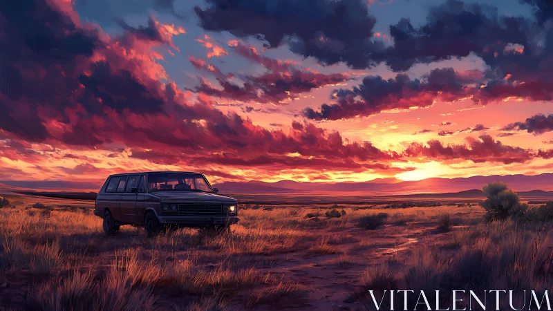 Sunset roadtrip van under blazing desert sky painting.