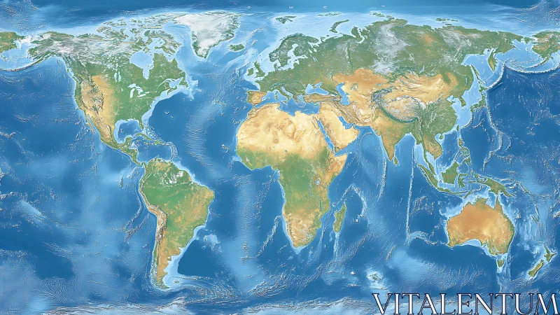 Global physical world map with shaded relief and ocean bathymetry