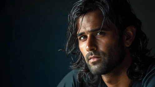 Quiet strength glows in a thoughtful long haired portrait