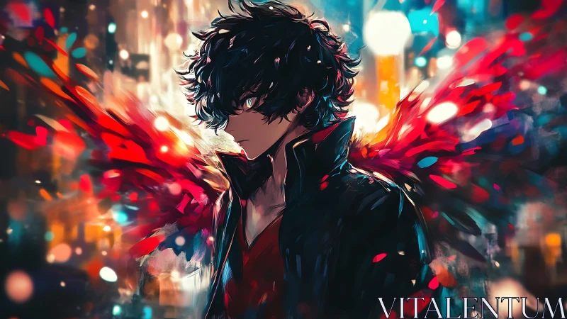 Brooding anime antihero with red spectral wings at night.