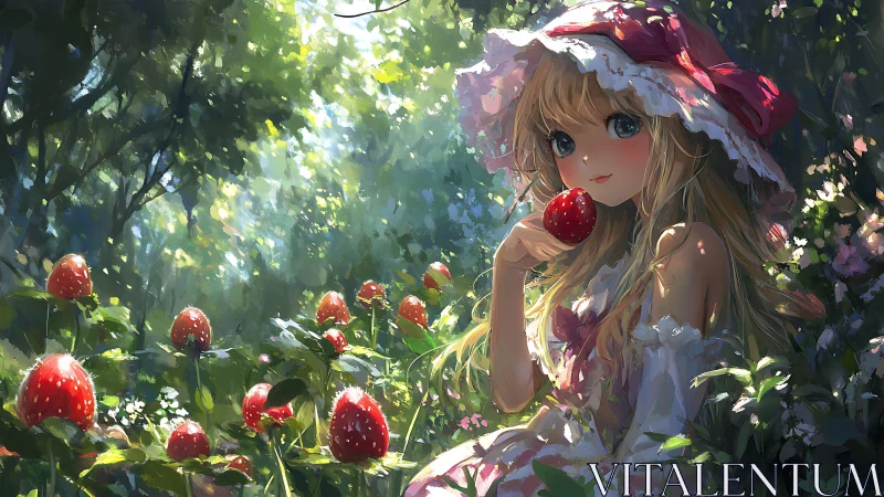 Girl holds a strawberry while seated in dense forest garden