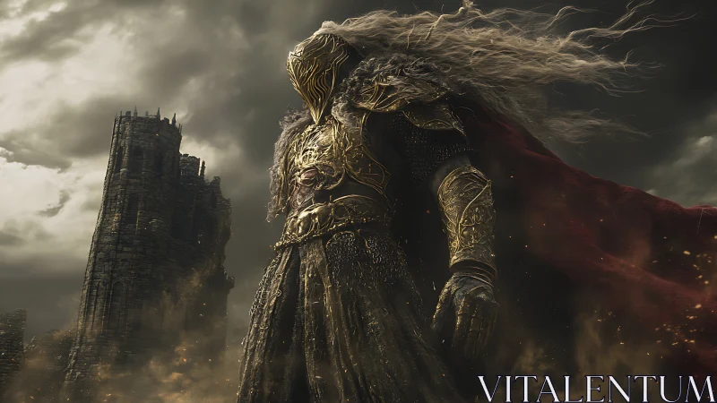 Storm-crowned warlord strides through ruins of a broken age