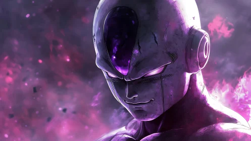 Armored alien villain glows with ominous violet energy aura