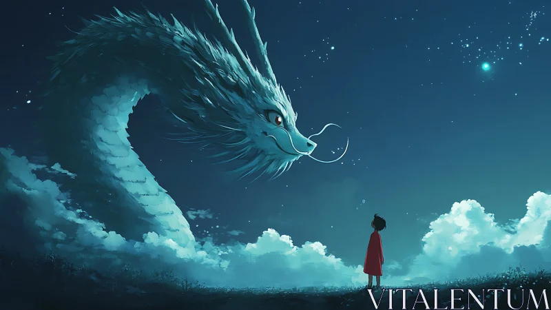 Long serpentine dragon curves above lone figure under stars