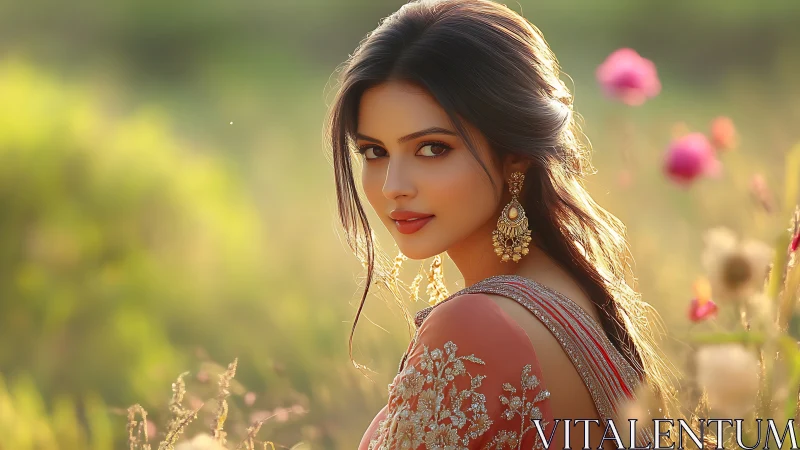 Elegant woman in traditional attire in sunlit floral field, portrait style.