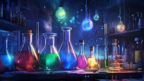 Luminescent laboratory glassware with neon chemical spectra.