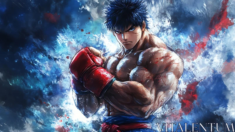 Muscular anime boxer in red gloves against energy burst