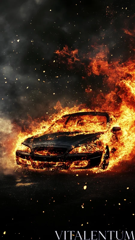 Metal beast consumed by fury—a vehicle engulfed in inferno.