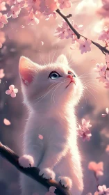 White Kitten Gazes at Blossoming Pink Flowers