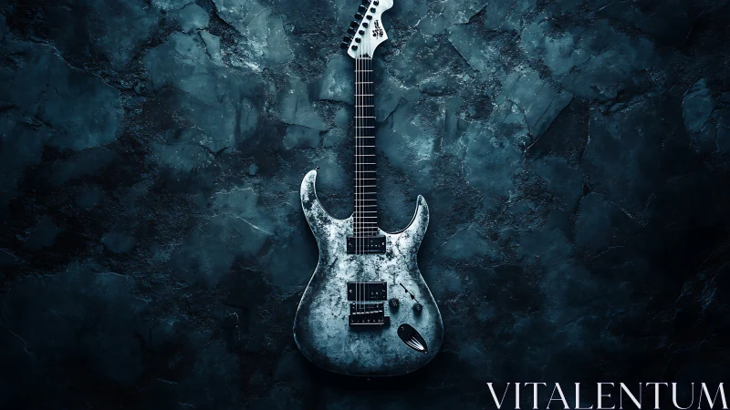 Weathered electric guitar rests against textured stone wall