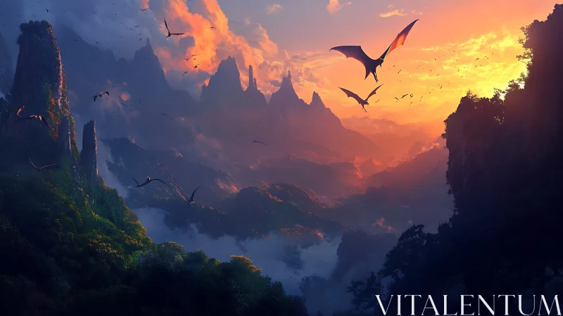 Flying reptiles traverse a mist-filled mountainous valley at dusk