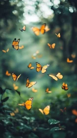 Orange butterflies in soft forest light over green foliage.
