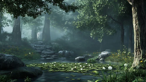 Ancient Grove Cathedral: Complex Volumetric Light with Mist and Layered Vegetation